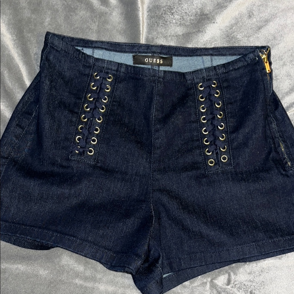 Guess Blue Jean Shorts with Gold Lace-Up Detailing